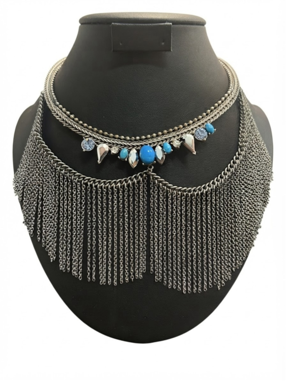 Women's Unbranded Silver and Blue Statement Fringe Necklace, 14” 4” extension